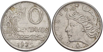 БРАЗИЛИЯ 10 СЕНТАВО 1975 РЕФОРМА 1967-1985, ГОЛОВА СВОБОДЫ ВЛЕВО KM 578.1а нержавеющая сталь 36-1255