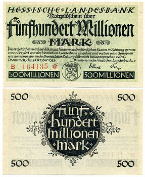 Германия, Дармштадт 500000000 марок (500 миллионов) 1923 1 октября 1923, нотгельд, земля Гессен, серия В, номер, снежинка, Hessesche Landesbank Keller 956е  бумага  UNC (пресс) 8613-20-2-2