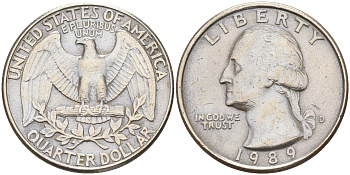 США 25 ЦЕНТОВ = КВОТЕР 1989 D, ВАШИНГТОН KM А164a медь плакированная медно-никелем 190-351