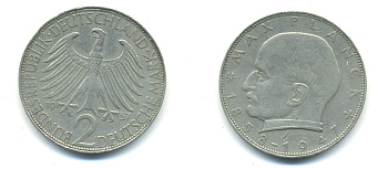 ФРГ 2 марки 1957 J , Макс Планк KM 116, J. 392 медно-никель плакированный никелем 83-513