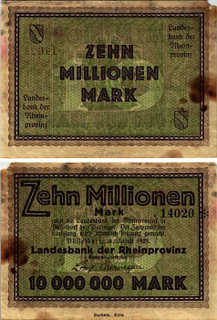ГЕРМАНИЯ 10000000 МАРОК 1923 ДЮССЕЛЬДОРФ, 24 АВГУСТА 1923, НОГЕЛЬД, BACHEM KOLN бумага 3295-8-2-2
