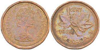 КАНАДА 1 ЦЕНТ 1984 КЛЕНОВЫЙ ЛИСТ, ЕЛИЗАВЕТА II (1953-) KM 132 бронза 4181-1268