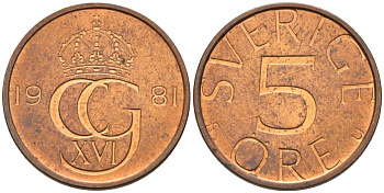Швеция 5 эре 1981 Карл XVI Густав (1973- ) KM 849 бронза UNC 4585-332