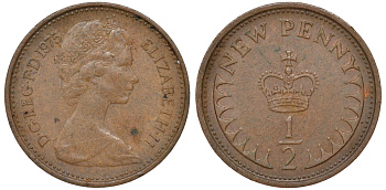 Великобритания 1/2 пенни 1975 Елизавета II (1952-2022) KM 914, Spink 4239 бронза 4596-342