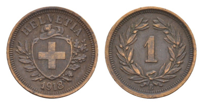 Швейцария 1 раппен 1918 B KM 3 бронза 4655-249