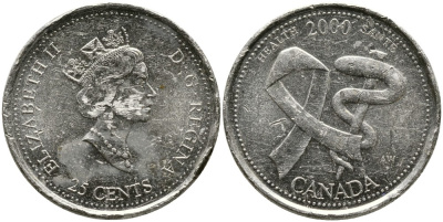 КАНАДА 25 ЦЕНТОВ 2000 МИЛЛЕНИУМ, ЕЛИЗАВЕТА II (1952-), ЗДОРОВЬЕ, ТРЕТИЙ ПОРТРЕТ В КОРОНЕ KM 373 никель 4543-815
