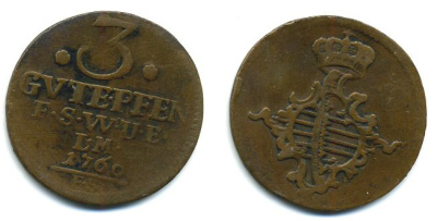 Саксен-Веймар-Эйзенах 3 пфеннига 1760 FS KM 34 медь 00-00