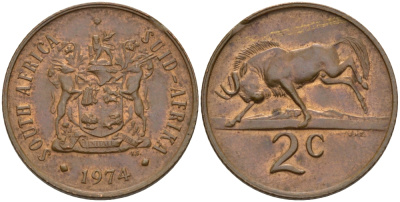 ЮАР 2 цента 1974 герб, антилопа гну KM 83 бронза 67-333