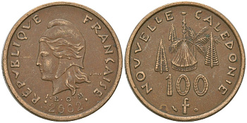 Французская Новая Каледония 100 франков 2002 хижина среди сосен и пальм, (IEOM) KM 15, Schoen 16, Lec 139f никель латунь 4149-126
