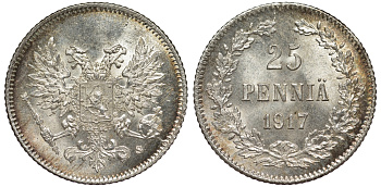 Россия для Финляндии 25 пенни 1917 S, временное правительство, без короны KM 19, Биткин 2 серебро 75-1529
