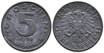 АВСТРИЯ 5 ГРОШЕЙ 1976 KM 2875 цинк 57-1158
