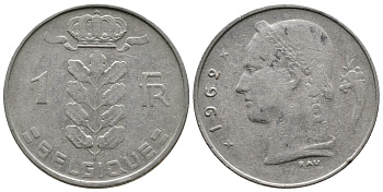 БЕЛЬГИЯ 1 ФРАНК 1962 BELGIQUE KM 142.1 медно-никель 4382-917