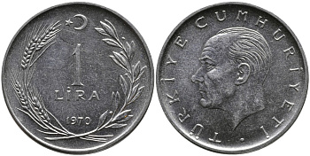 Турция 1 лира 1970 Мустафа Кемаль Ататюрк KM 889а.2 нержавеющая сталь 4385-416