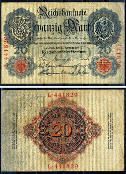 Германия 20 марок 1910 Pick 40 c бумага 7191-14-3-2