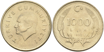 Турция 1000 лир 1990 Кемаль Ататюрк KM 997 медь никель цинк UNC 4561-127