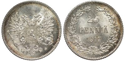 Россия для Финляндии 25 пенни 1917 S, временное правительство, без короны KM 19, Биткин 2 серебро 75-1529