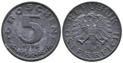 АВСТРИЯ 5 ГРОШЕЙ 1976 KM 2875 цинк 57-1158