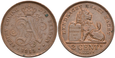 Бельгия 2 сантимА 1919 Belgen KM 65 медь 190-722