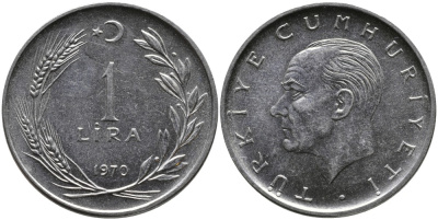 Турция 1 лира 1970 Мустафа Кемаль Ататюрк KM 889а.2 нержавеющая сталь 4385-416