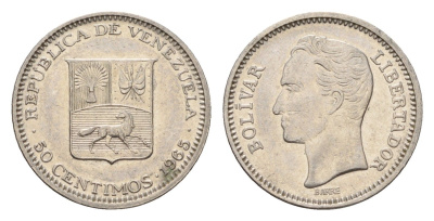 Венесуэла 50 сентимо 1965 Симон Боливар Y 41 никель UNC 4669-334