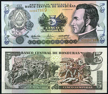 Гондурас 5 лемпира 2004 26 августа 2004, Франсиско Морасан, сцена битвы за Тринидад Pick 85d бумага UNC (пресс) 447-34-2-2