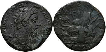 Римская Империя сестерций 176 - 177 Марк Аврелий DE SARMATIS IMP VIII COS III P P Победа над Сарматами, Рим Very fine 21,00 гр RIC 1190 бронза 1073-7-53