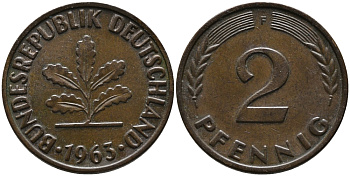 ФРГ 2 пфеннига 1963 F KM 106, J. 381 бронза 99-133