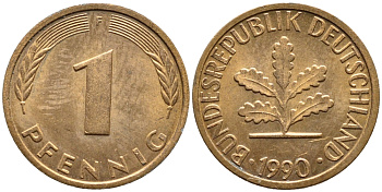 ФРГ 1 ПФЕННИГ 1990 F KM 105, J.380 сталь плакированная медью 4392-1027