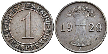 ГЕРМАНИЯ 1 РЕЙХСПФЕННИГ 1929 A KM 37, J. 313, Weege 2 бронза 4547-138