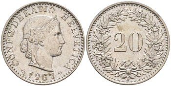 ШВЕЙЦАРИЯ 20 РАППЕНОВ 1967 В KM 29a медно-никель 55-847