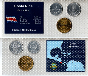 Коста-Рика набор из 3 монет (5, 10 и 25 колон) 2007 и 2008 в красочной упаковке с информацией о стране KM 227b, 228b и 229c UNC 2-6-3-129