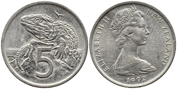 Новая Зеландия 5 центов 1972 Елизавета II (1952-2022), ящерица гаттерия KM 34.1 медно-никель 4392-145