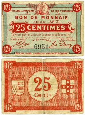 ФРАНЦИЯ 25 САНТИМОВ ND РЕГИОНАЛЬНЫЙ БОН ГОРОДОВ РУБЭ И ТЕРКУЭН бумага 7485-9-2-1