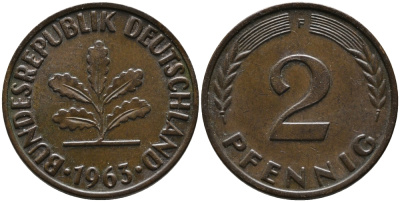 ФРГ 2 пфеннига 1963 F KM 106, J. 381 бронза 99-133