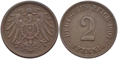 ГЕРМАНИЯ 2 ПФЕННИГА 1907 А KM 16, J.11 медь 100-316