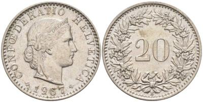 ШВЕЙЦАРИЯ 20 РАППЕНОВ 1967 В KM 29a медно-никель 55-847