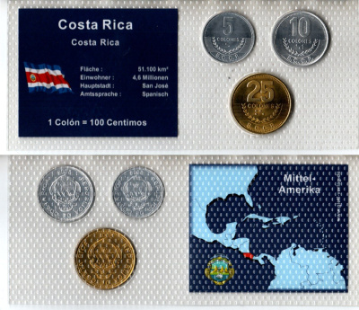 Коста-Рика набор из 3 монет (5, 10 и 25 колон) 2007 и 2008 в красочной упаковке с информацией о стране KM 227b, 228b и 229c UNC 2-6-3-129