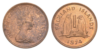 Фолклендские острова 1 пенс 1974 Елизавета II (1952-2022), папуанский пингвин KM 2 бронза  aUNC  4640-854