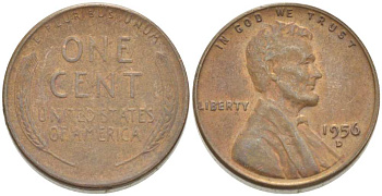 США 1 ЦЕНТ 1956 D, ЛИНКОЛЬН KM А132 медь цинк 218-665