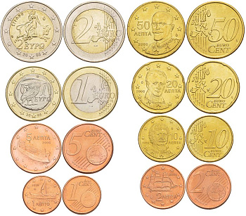 Греция евронабор из 8 монет 2006 (1, 2, 5, 10, 20, 50 евроцентов, 1, 2 евро) KM 181, 182, 183, 211, 185, 186, 214, 188 UNC N6-46