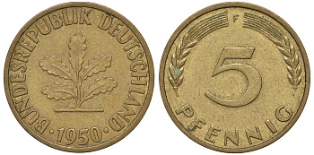 ФРГ 5 пфеннигов 1950 F KM 107, J.382 сталь плакированная латунью 4174-519