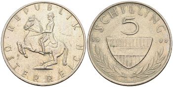 Австрия 5 шиллингов 1990 KM 2889а медно-никель 4575-356