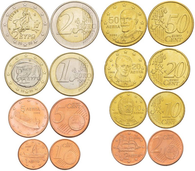 Греция евронабор из 8 монет 2006 (1, 2, 5, 10, 20, 50 евроцентов, 1, 2 евро) KM 181, 182, 183, 211, 185, 186, 214, 188 UNC N6-46