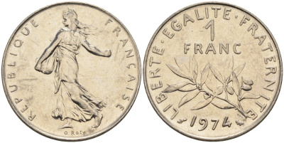 Франция 1 франк 1974 сеятель, тип Semeuse KM 925.1, Le Franc 226.19 никель 4116-1233