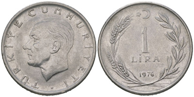 Турция 1 лира 1976 Мустафа Кемаль Ататюрк KM 889a.2 нержавеющая сталь 4620-555