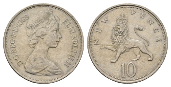 Великобритания 10 пенсов 1969 Елизавета II (1952-2022) KM 912, Spink 4231 (F1) медно-никель 4389-221