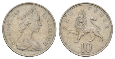 Великобритания 10 пенсов 1969 Елизавета II (1952-2022) KM 912, Spink 4231 (F1) медно-никель 4389-221