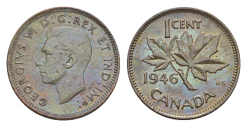 Канада 1 цент 1946 Георг VI (1936-1952), кленовый лист KM 32 бронза 4639-261
