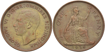 Великобритания 1 пенни 1938 Георг VI (1936-1952) KM 845, Spink 4114 бронза 4593-225