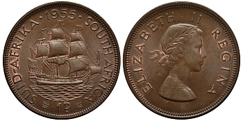 ЮАР 1 ПЕННИ 1955 ЕЛИЗАВЕТА II (1953-), ПАРУСНИК KM 46 бронза UNC 4384-1031